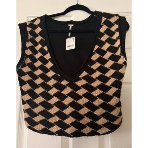 Free People Top - Black & Beige Argyle Sweater Vest